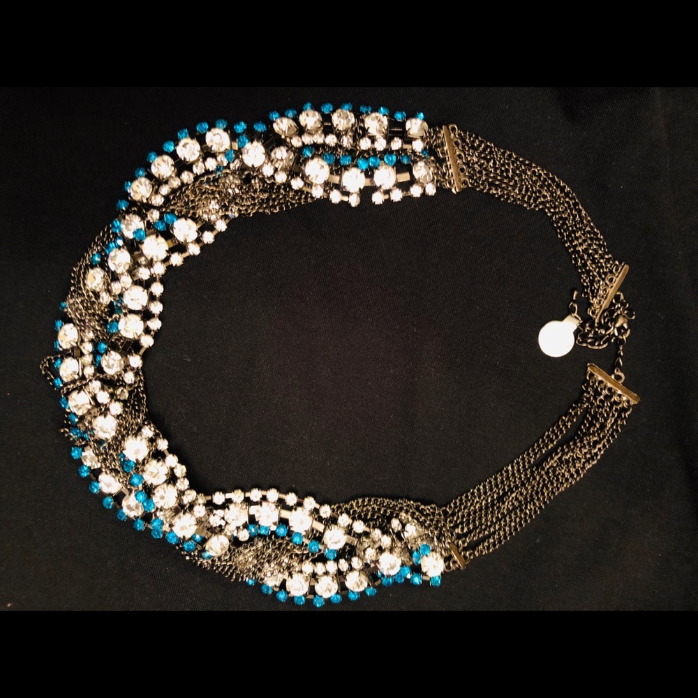 Gunmetal teal crystal chain necklace